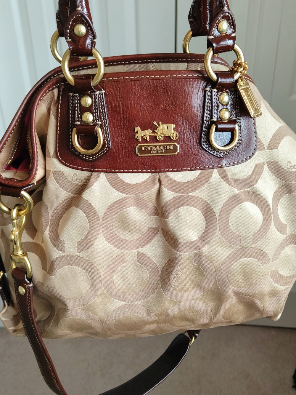 Coach Beige Signature Canvas Shoulder Bag with Brown Leather Trim